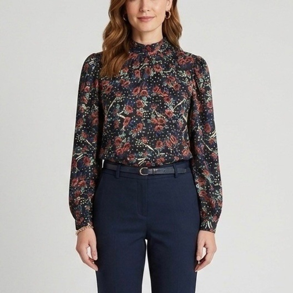 Veronica Beard Chilton Silk Blend Floral Polka Dot Mock Neck Tie Back Blouse 6